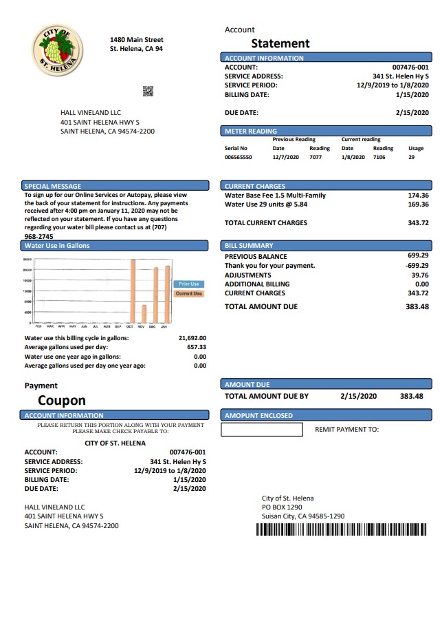 USA California City of St Helena utility bill template in Word and PDF format